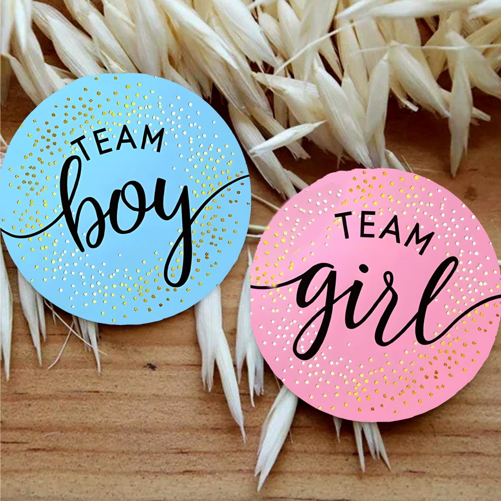 Badges Baby Shower Team Girl/Boy - 24 Pièces - Révélation Genre - Épingles Métal - Φ4.5cm